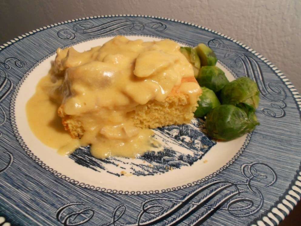 Cheesy creamed chicken and cornbread with brussel sprouts