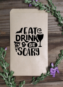 Eat, drink, and be scary printed on a kraft brown paper treat bag. There is a bat, a slice of pizza, and a wine glass are pictured.