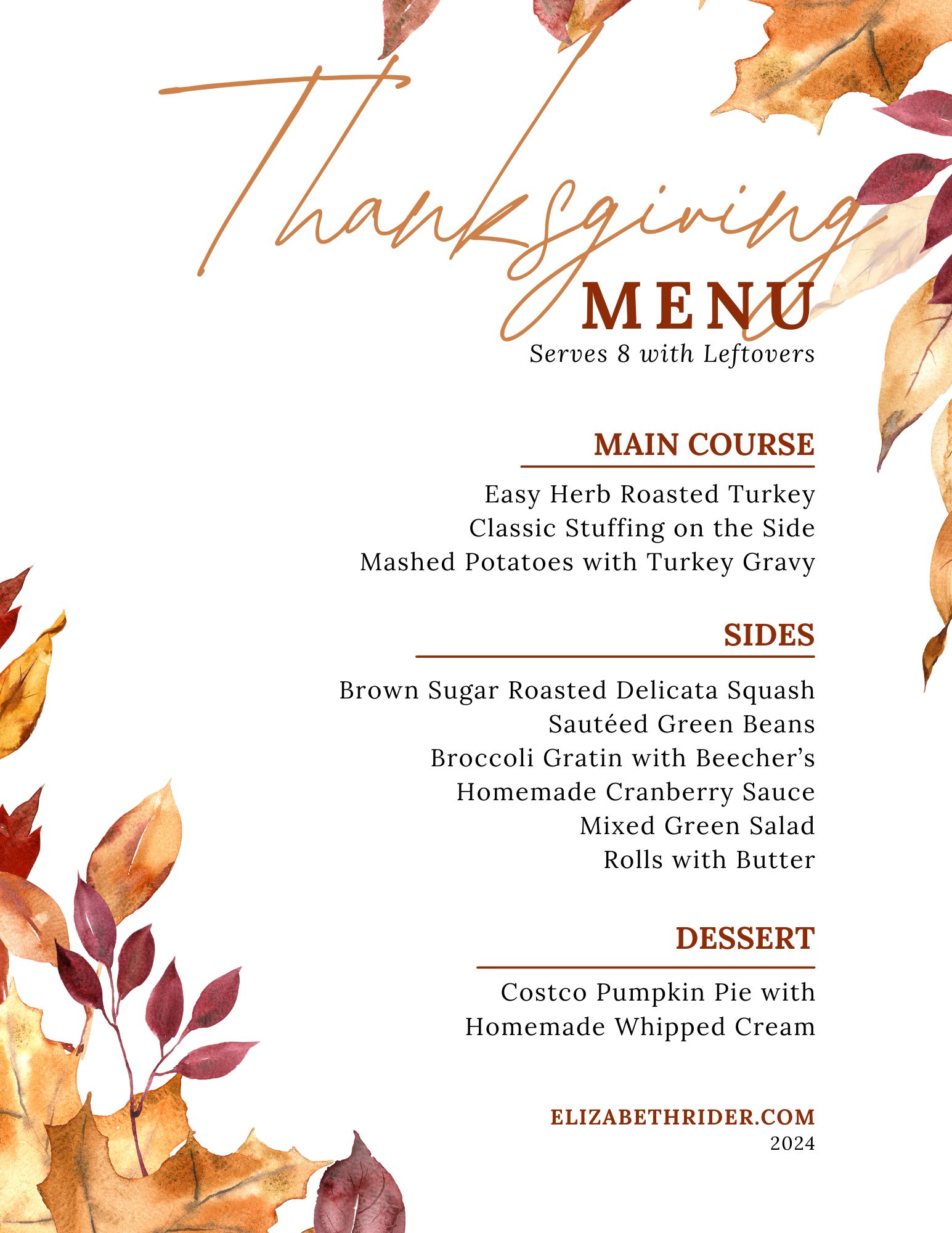 Large Thanksgiving Menu Elizabeth Rider