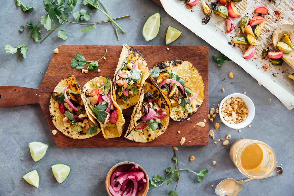 Spicy Peanut Brussels Sprouts Tacos are a vegetarian dinner recipe with fresh asian flavors