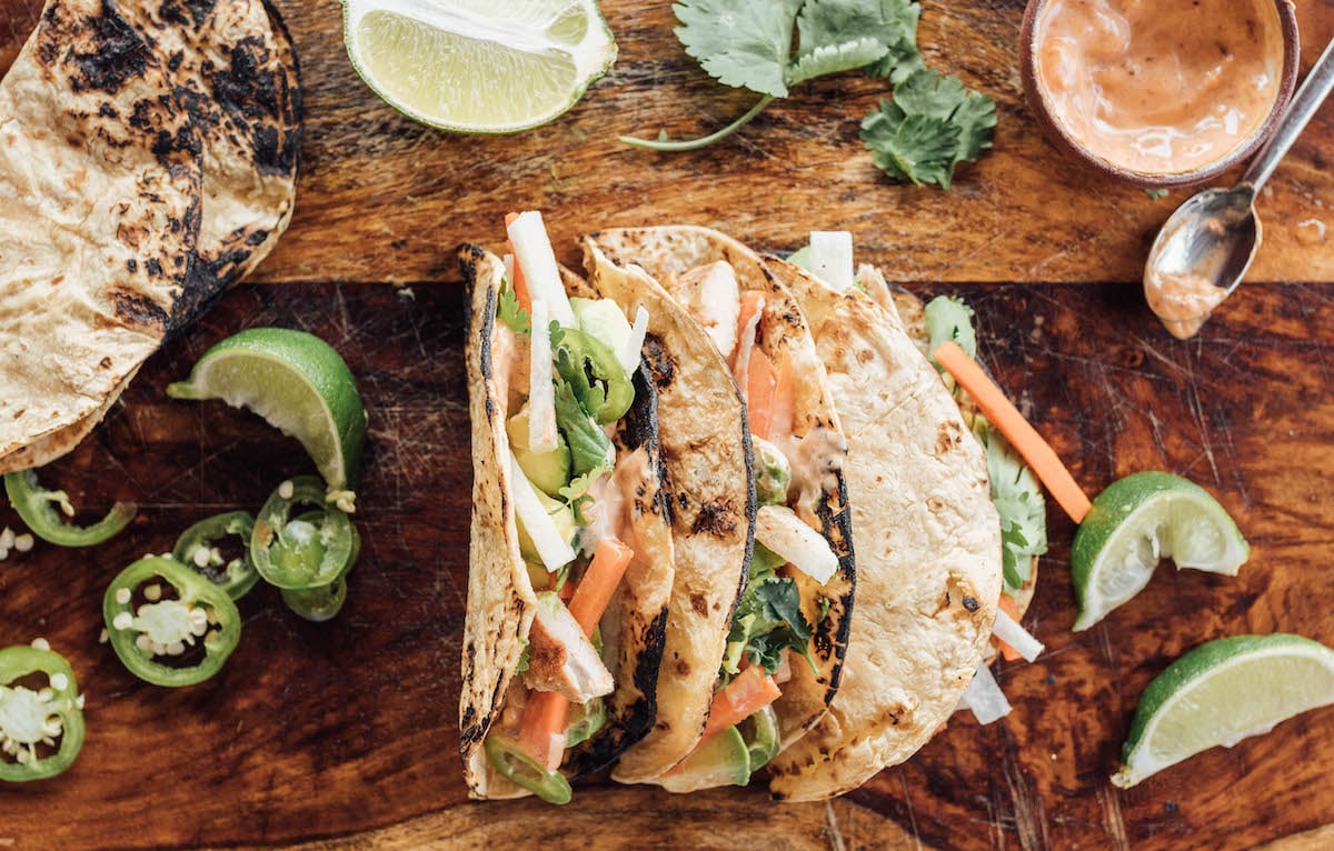 Lime-y Chicken Tacos with Jicama, Mint, Carrots, and Chipotle Aioli inspired by the El Santo Taco at Fresas in Austin