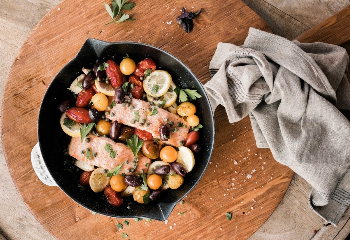 mediterranean baked salmon with tomatoes, capers, and olives