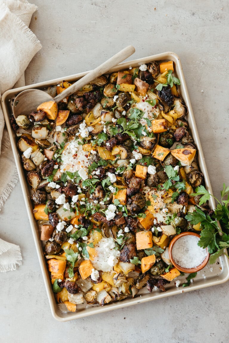 sheet pan harvest hash with sweet potatoes, brussels sprouts, and sausage - ingredients - vegetables - winter produce_fall foods for hormone balance