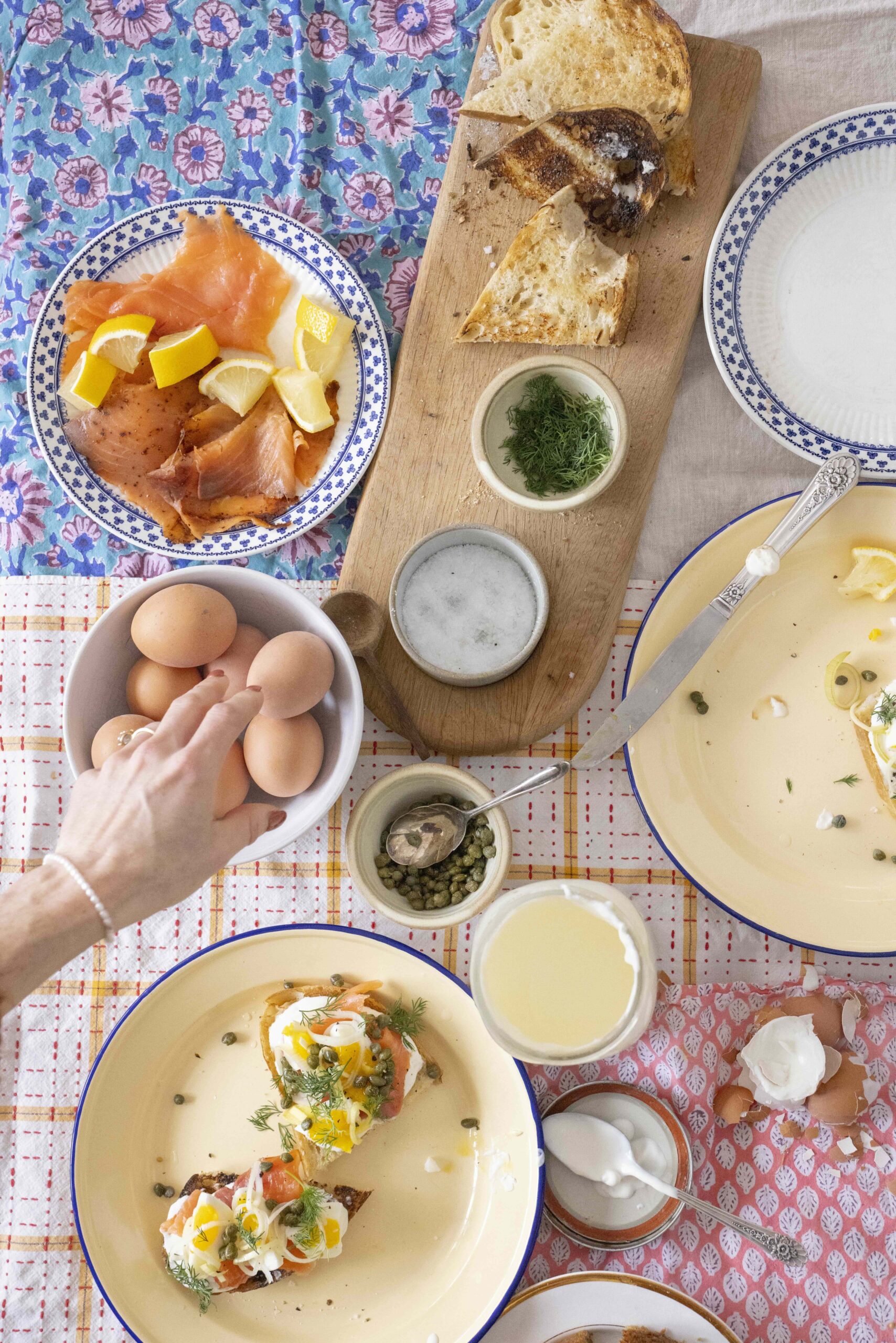 Jammy Eggs With Pickled Leeks, Dill, Capers, Smoked Salmon, and Buttermilk Crème Fraîche Toasts