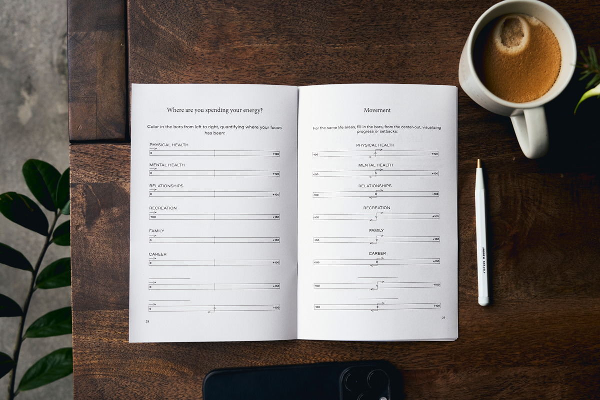 the printable journal open on a table next to coffee